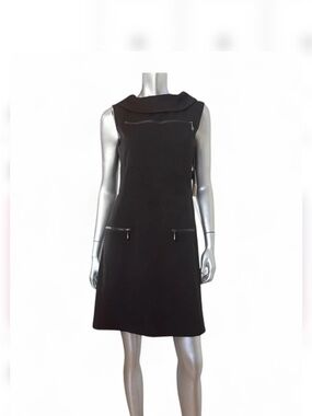 Donna Ricco sz 10 Classic Black Sleeveless Zip-Accent Dress LBD cowl neck retro